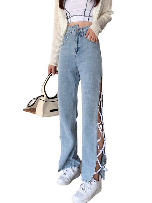Jeans Talle Alto con Aberturas Laterales Irregulares y Tirantes - Estilo Coreano - Image 2
