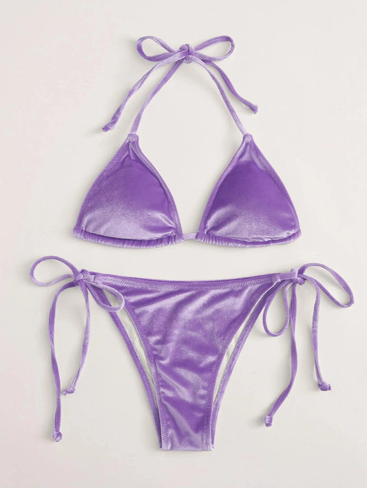 Women's high waist split swimsuit in vibrant blue velvet-like fabric with triangle top and tie-side bottom. - Image 2