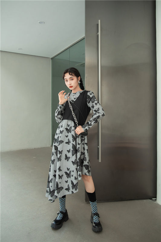 Vestido Otoñal Retro con Estampado de Mariposas y Diseño Superpuesto - Image 2