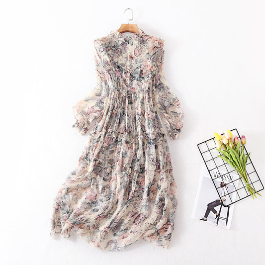 Vestido Largo de Seda con Manga Larga y Estampado Reductor de Cintura para Fiestas - Image 2