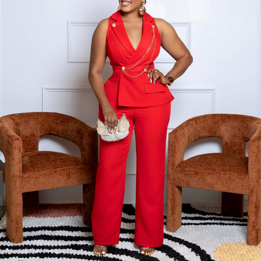 Jumpsuit Elegante de Pierna Ancha con Cadenas Decorativas y Cuello Tipo Blazer - Image 2
