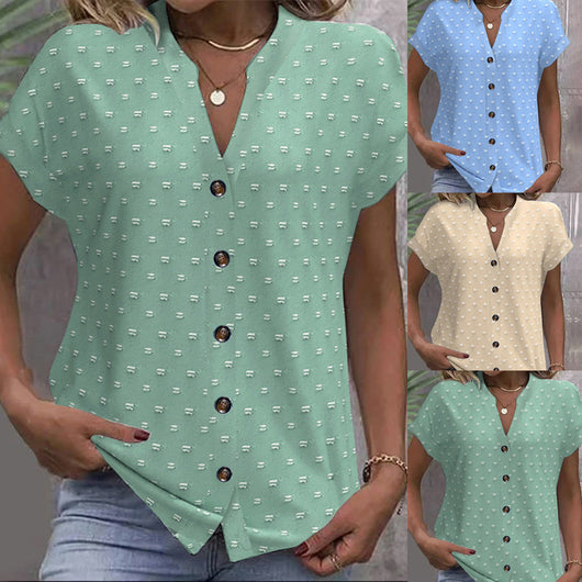 Camisa Casual de Escote V y Manga Corta con Textura Jacquard
