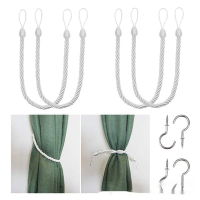Four beige twisted rope curtain tie-backs with loops, shown with two silver screw-in hooks and on sheer white curtains. - Image 8