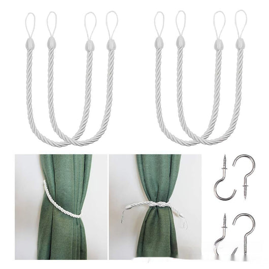 Four beige twisted rope curtain tie-backs with loops, shown with two silver screw-in hooks and on sheer white curtains. - Image 8