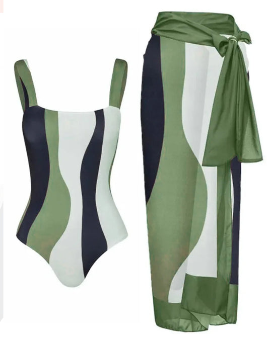 Green and white abstract wavy print one-piece swimsuit with matching sarong, offering conservative belly coverage. - Image 7