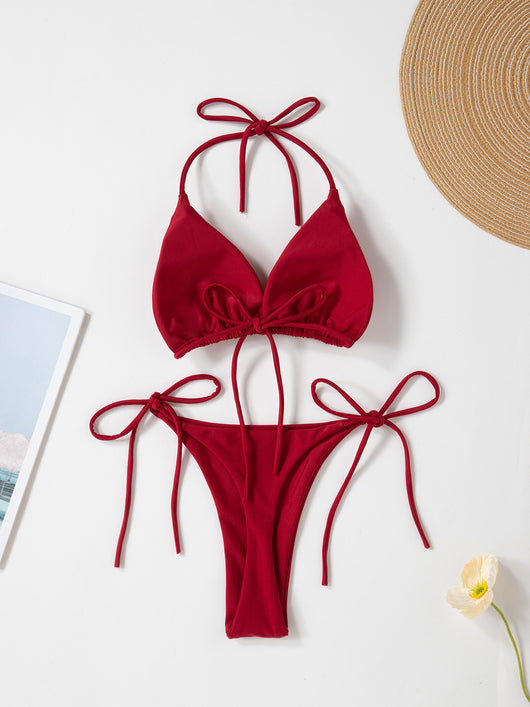 Red solid color two-piece bikini swimsuit with a halter tie-top and adjustable tie-side thong bottom. - Image 22