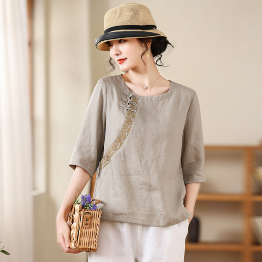 Blusa de Lino Bordada con Cuello Redondo