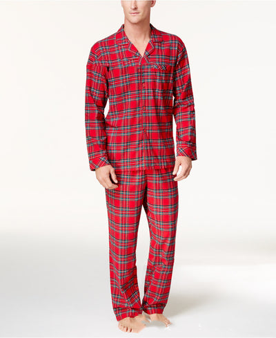 Men's red and green plaid pajama set with a long-sleeved button-up shirt and matching long pants. - Image 7