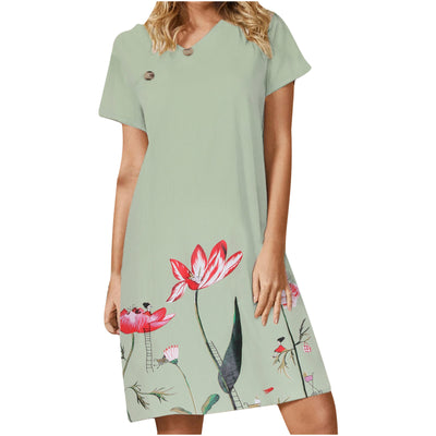 Vestido de Manga Corta con Botones, Cuello en V y Estampado Floral - Image 9