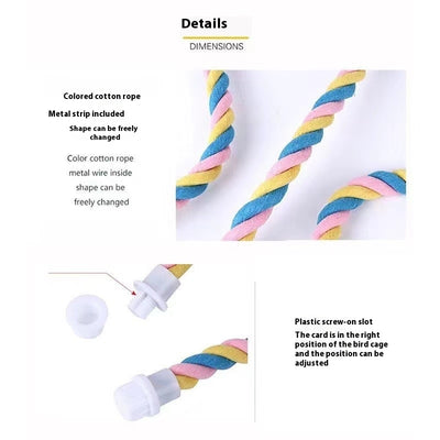 Colorful twisted cotton rope bird perch with plastic end caps, 41.5cm long, for climbing and nibbling. - Image 16