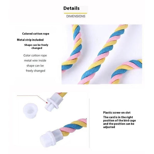 Colorful twisted cotton rope bird perch with plastic end caps, 41.5cm long, for climbing and nibbling. - Image 16