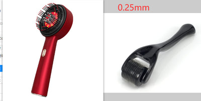 Black electric massage comb with red light therapy, black bristles, and a purple power button on a white background. - Image 9