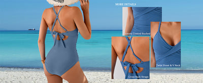 Women's black and white one-piece swimsuit with a twisted halter top and ruched detailing on the bottom. - Image 11