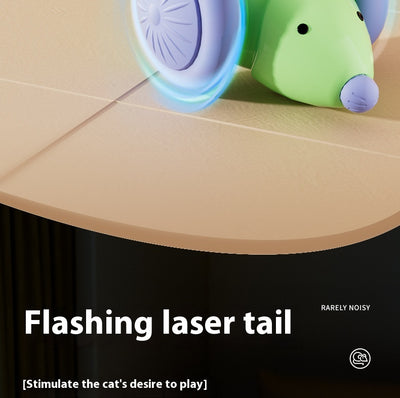 Green and purple electric mouse car cat toy with a glowing tail on a woven mat, designed for interactive play. - Image 12