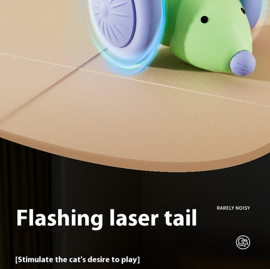 Green and purple electric mouse car cat toy with a glowing tail on a woven mat, designed for interactive play. - Image 12