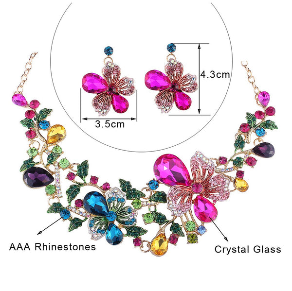 Conjunto de Collar y Aretes de Cristal Diamante Floral Multicolor