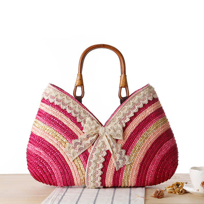 Bolsa de Rafia Tejida con Rayas Arcoíris - Estilo Casual Japonés y Coreano - Image 8