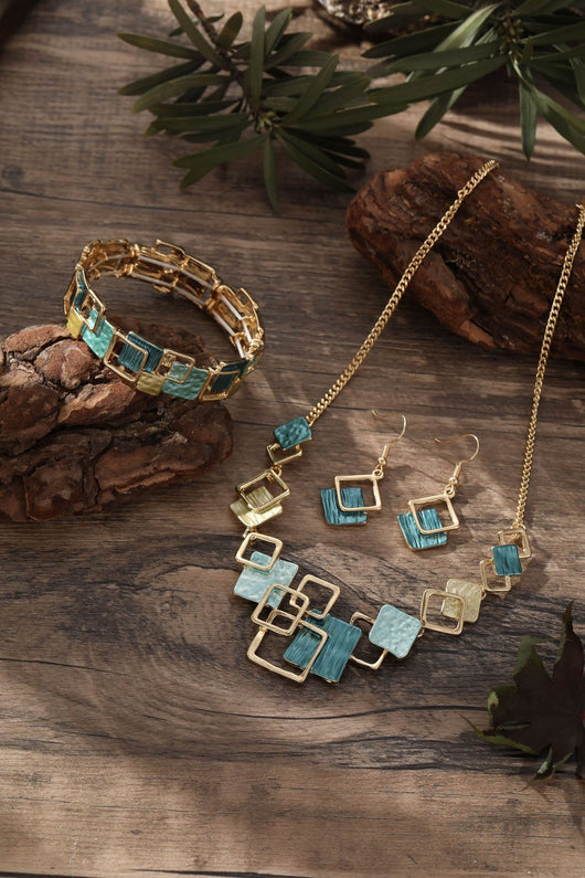 Conjunto de Aretes, Pulsera y Collar con Cuadrados Geométricos Pintados en Óleo - Image 17