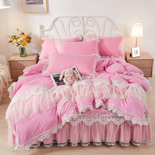 Juego de Cama Princesa Coreana con Falda de Encaje y Edredón de 4 Piezas - Image 5