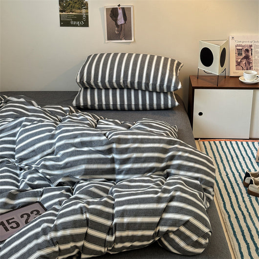 Juego de Cama Retro Japonés de Algodón con Rayas Clásicas - 4 Piezas - Image 8