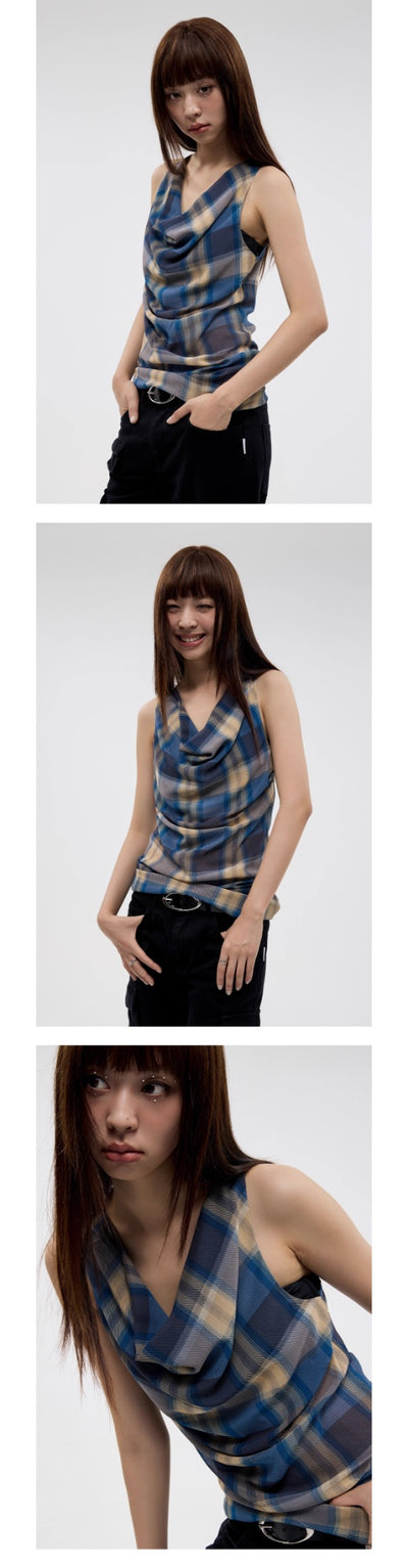 Blusa Tirantes Cuadros Vintage con Pliegues y Cuello Envolvente - Image 21