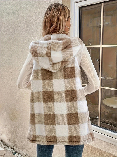 Cardigan Elegante Bicolor a Cuadros con Capucha y Textura Suave para Mujer - Image 11