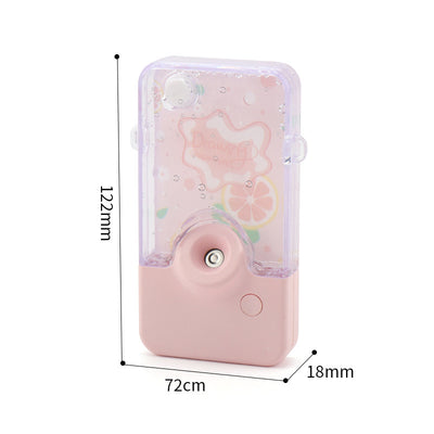 Pink and clear portable handheld humidifier with a fruit pattern, mist nozzle, and a matching pink neck lanyard. - Image 9