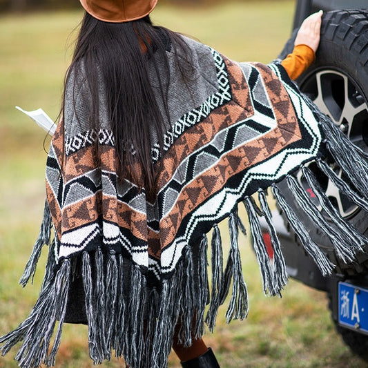 Poncho Étnico de Lana Tejida con Borlas - Abrigo Grueso y Cálido