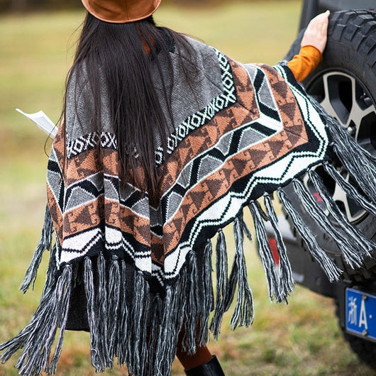 Poncho Étnico de Lana Tejida con Borlas - Abrigo Grueso y Cálido