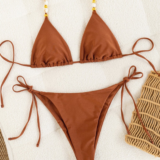 Solid brown two-piece bikini with triangle top and tie-side bottoms, featuring decorative beads on the top straps. - Image 4