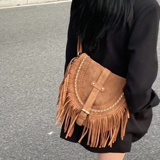 Bolso Bandolera Retro de Ante con Borlas para Mujer