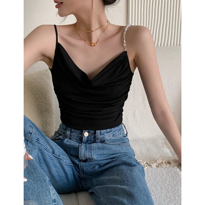 Vestido Camisero Plisado con Perlas y Tirantes Finos - Estilo Coreano