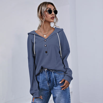 Camisa Hoodie con Botones de Color Sólido para Mujer - Image 7