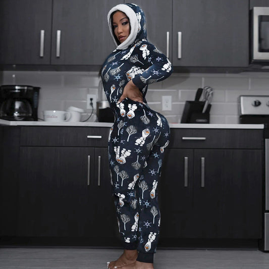 Jumpsuit Navideño Estampado con Capucha para Mujer - Pijama Cómodo de Invierno