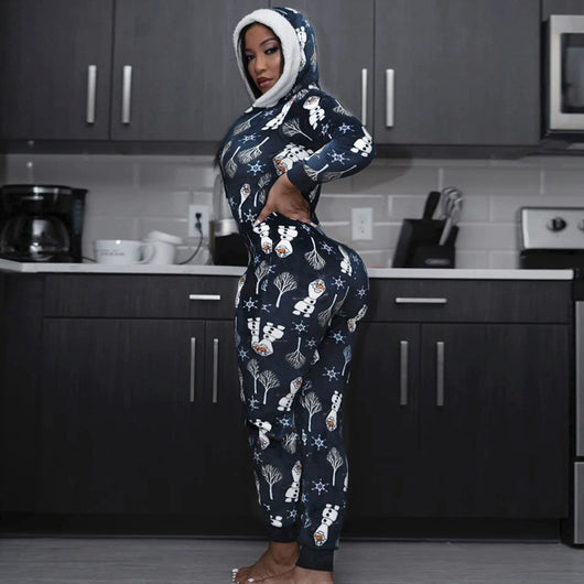 Jumpsuit Navideño Estampado con Capucha para Mujer - Pijama Cómodo de Invierno