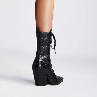 Botas Tacón Grueso Retro con Patrón de Piedra y Cordones - Estilo Fashion - Image 4
