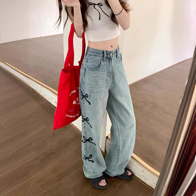 Pantalones Jeans Acampanados con Bordado de Mariposas para Mujer