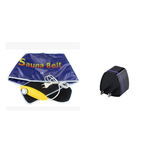 Blue and black sauna belt with a yellow control unit and white power cord, labeled 'Sauna Belt'. - Image 5