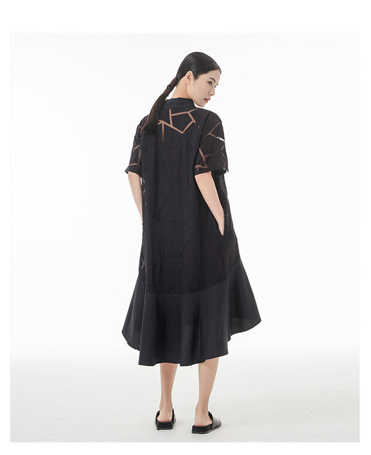 Vestido Camisero Retro Francés con Patrón Geométrico Transparente - Image 21