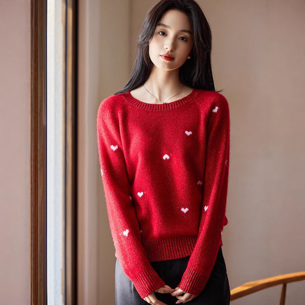 Suéter Rojo de Cuello Redondo para Mujer con Motivo de Corazón