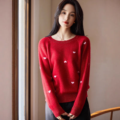 Suéter Rojo de Cuello Redondo para Mujer con Motivo de Corazón - Image 2