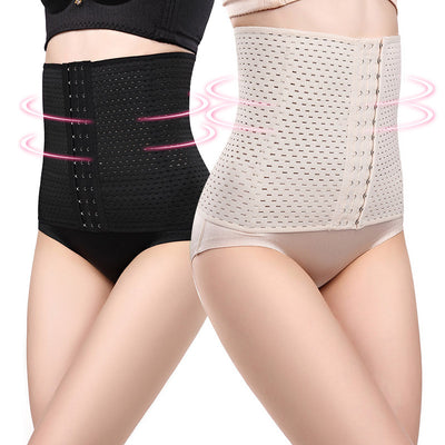 Beige ladies' postpartum tummy tuck body shaper with multiple hook-and-eye closures and a perforated design. - Image 19