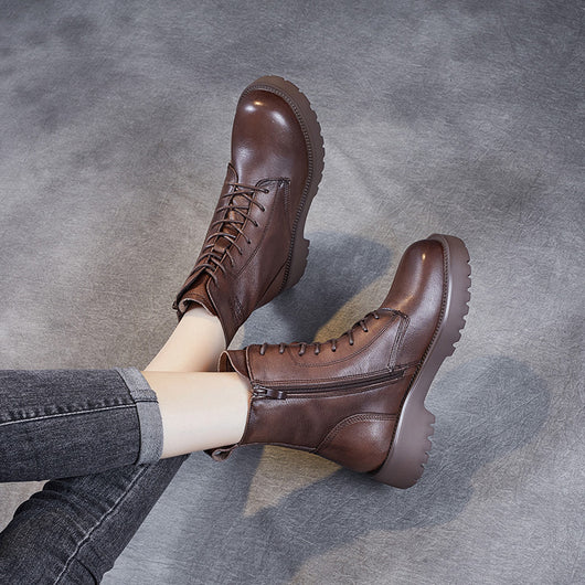 Botines de Cuero Suave para Mujer con Tacón Robusto y Forro de Felpa