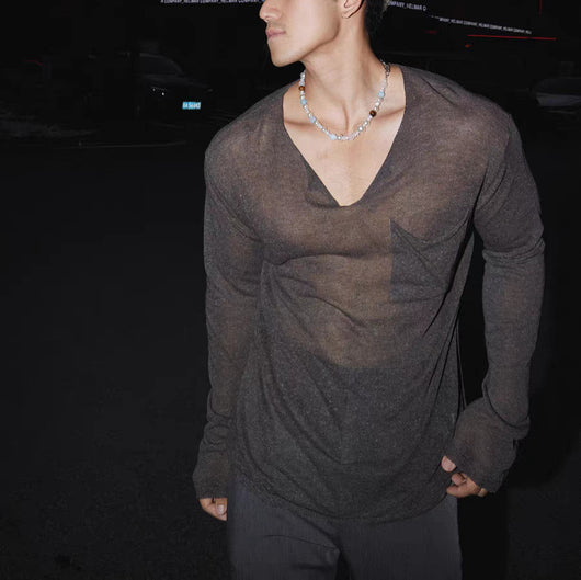 Playera Hombre Manga Larga Cuello V Efecto Transparente Hombro Caído