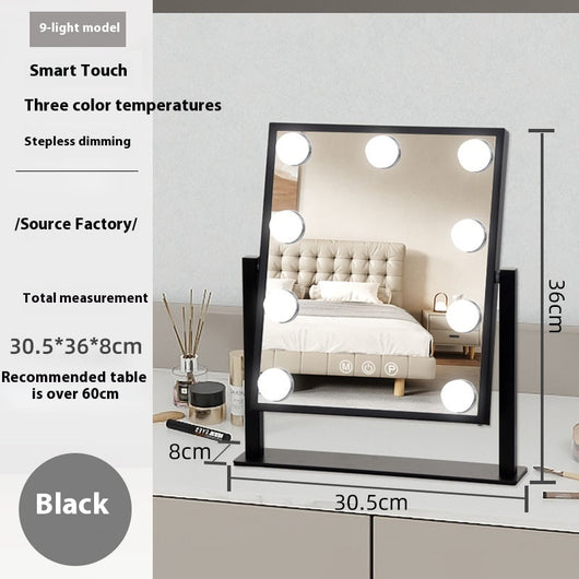 Black desktop LED light mirror with nine bright bulbs, smart touch controls, and stepless dimming for dressing. - Image 6