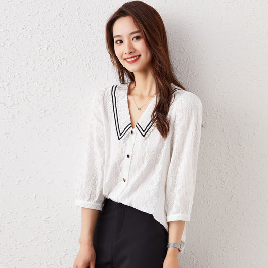 Blusa Ejecutiva de Encaje Tres Cuartos Blanco Talla S - Image 4