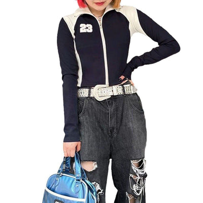 Chaqueta Polo Patchwork Contraste Blanco y Negro Estilo Locomotora Hot Girl - Image 5