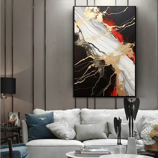 Cuadro Abstracto Dorado Rojo Negro Pintura al Óleo Original Hecha a Mano Decoración Contemporánea
