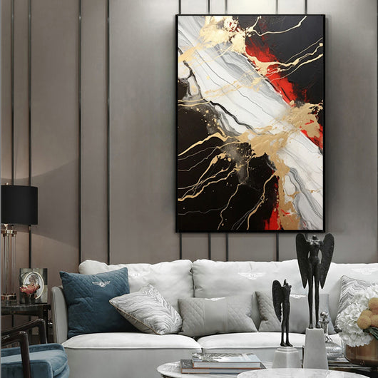 Cuadro Abstracto Dorado Rojo Negro Pintura al Óleo Original Hecha a Mano Decoración Contemporánea