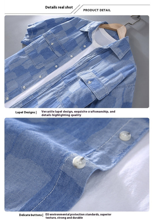 Camisa Denim Estampada de Manga Corta Cuadros Verano Hombre - Image 12